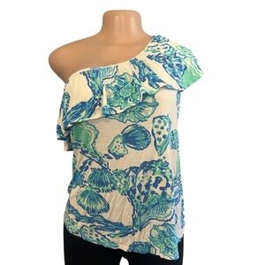 Lilly Pulitzer Neveah Top in Resort White Barefoot Princess One Shoulder